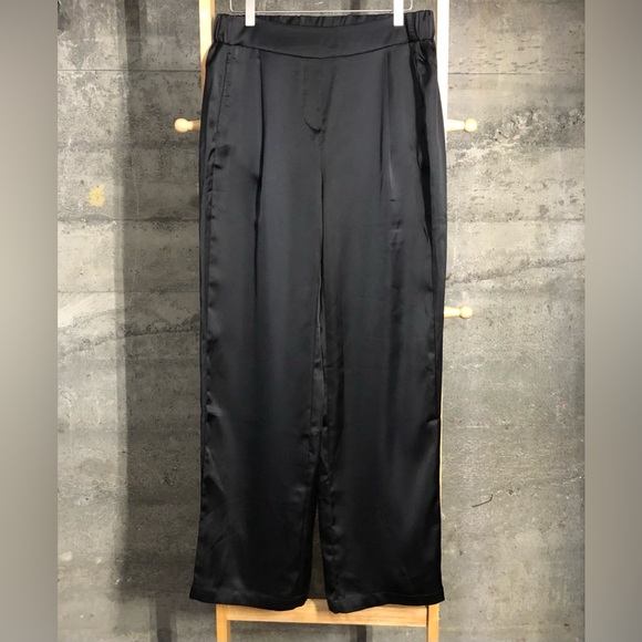 NWT Cynthia Rowley High Elastic Waist Pleated Front Wide Leg Black Pants Sz L - Picture 1 of 4